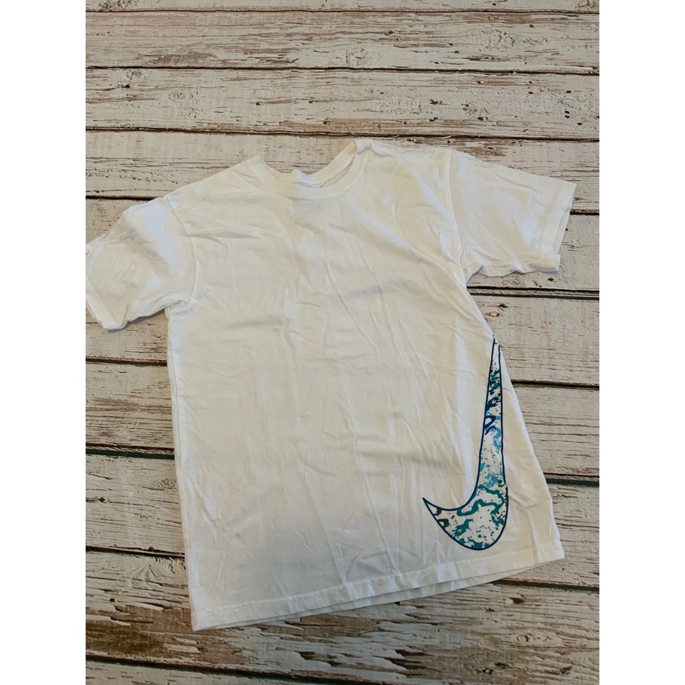 Nike Swim Mens XL White Short Sleeve T-Shirt Blue Teal Splatter Swoosh Graphic